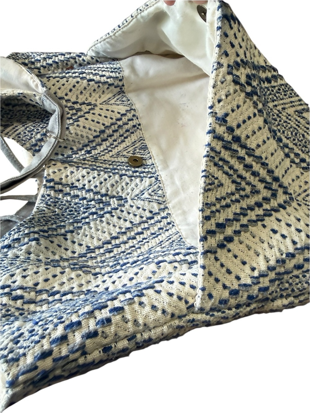 Blue and Cream Geometric Hobo Tote Bag Beach Bag - Picture 5 of 9